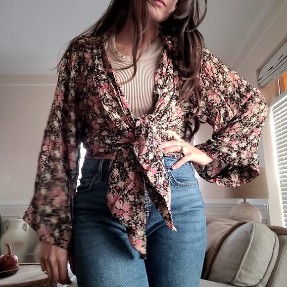 Free people Flowy Floral sheer top Boho Cardigan Kimono - Picture 2 of 6